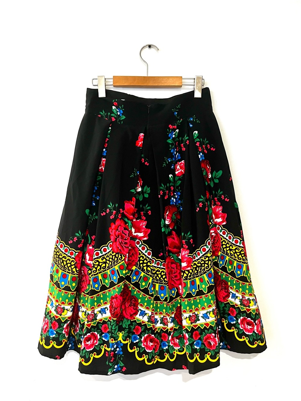 Vintage Floral Print Black Multicolor Pleated A Line Folk Bohemian Skirt Medium - Picture 5 of 6